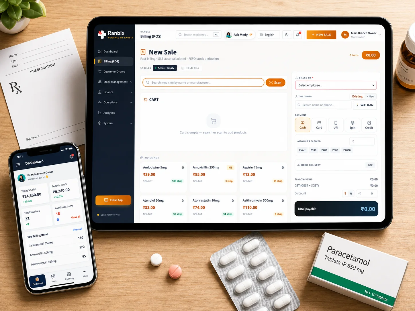 beta2 medical billing open on a tablet at a pharmacy counter, beside a prescription pad, a blister strip and a box of paracetamol